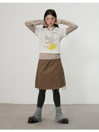 Two Piece Knit Set With Floral Print V-neck T-shirt Long Sleeve