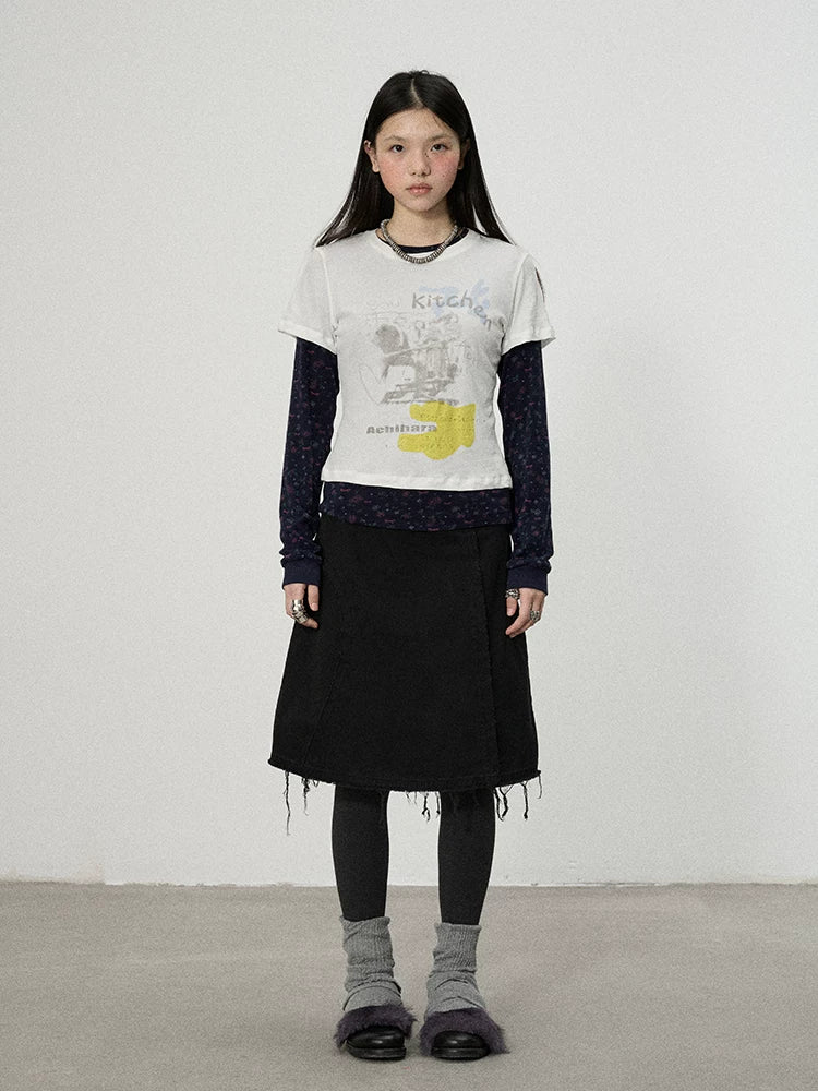 Achihara Two Piece Knit Set With Floral Print V-neck T-shirt Long Sleeve-2