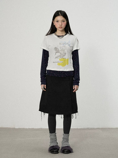 Achihara Two Piece Knit Set With Floral Print V-neck T-shirt Long Sleeve-2