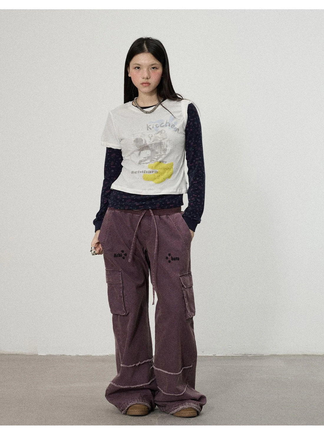 Two Piece Knit Set With Floral Print V-neck T-shirt Long Sleeve