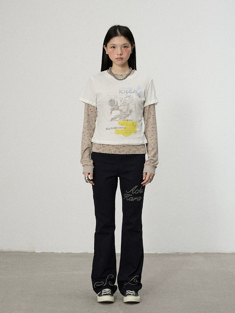 Achihara Two Piece Knit Set With Floral Print V-neck T-shirt Long Sleeve-3