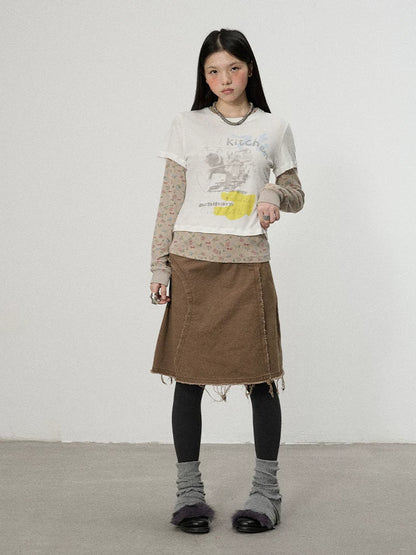 Achihara Two Piece Knit Set With Floral Print V-neck T-shirt Long Sleeve-4
