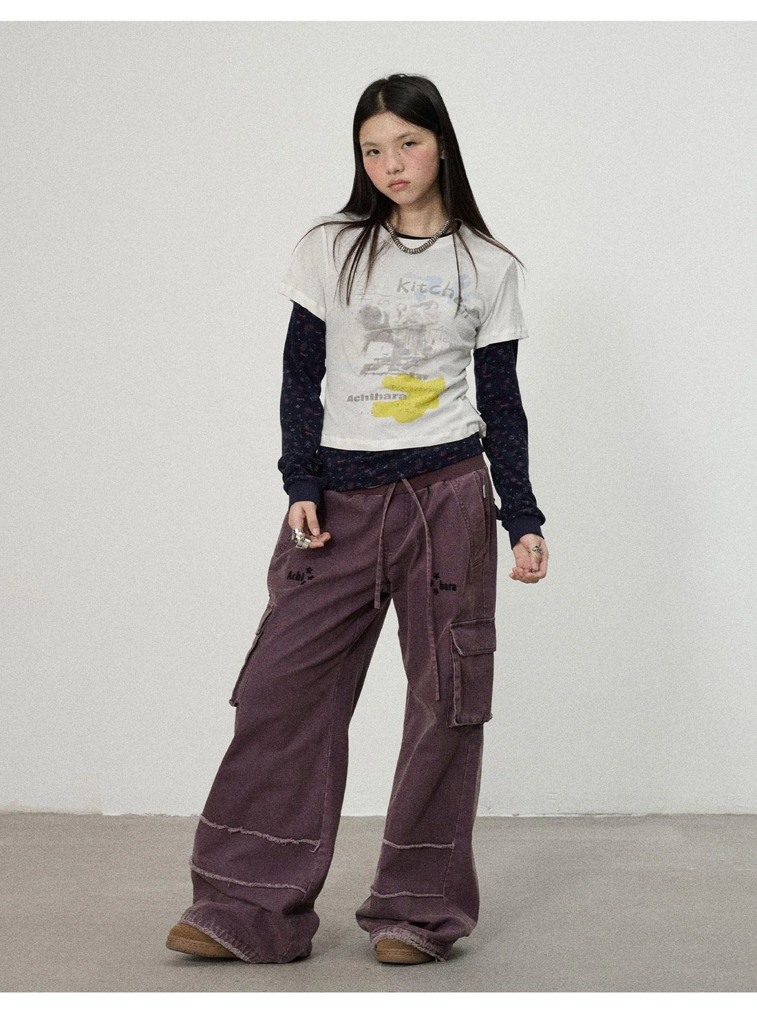 Two Piece Knit Set With Floral Print V-neck T-shirt Long Sleeve