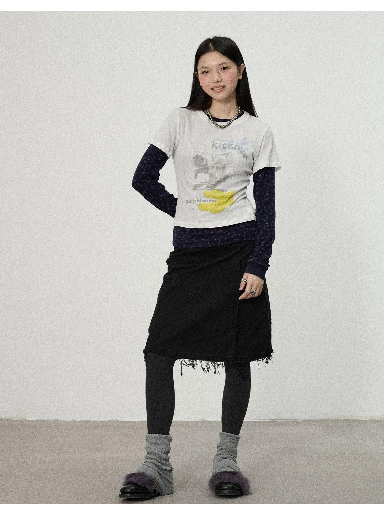 Two Piece Knit Set With Floral Print V-neck T-shirt Long Sleeve