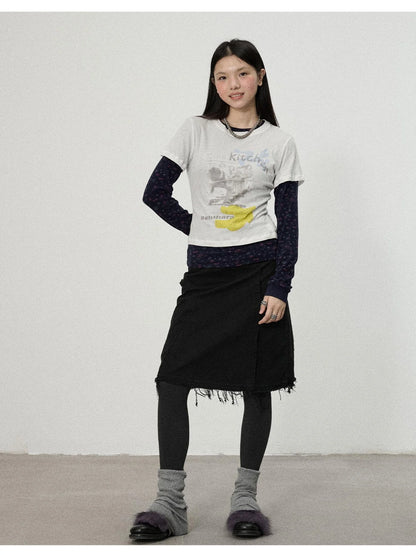 Two Piece Knit Set With Floral Print V-neck T-shirt Long Sleeve