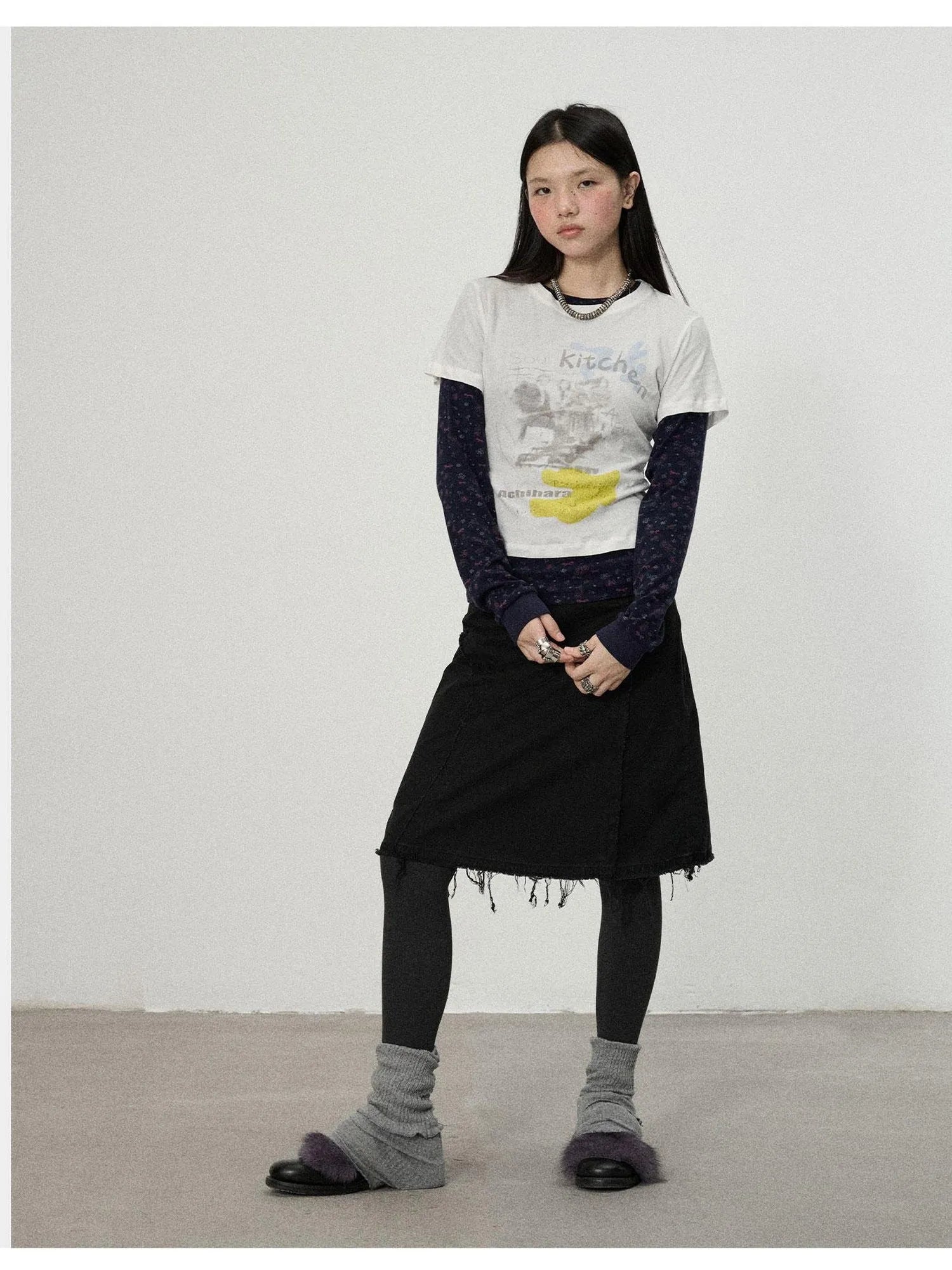 Two Piece Knit Set With Floral Print V-neck T-shirt Long Sleeve