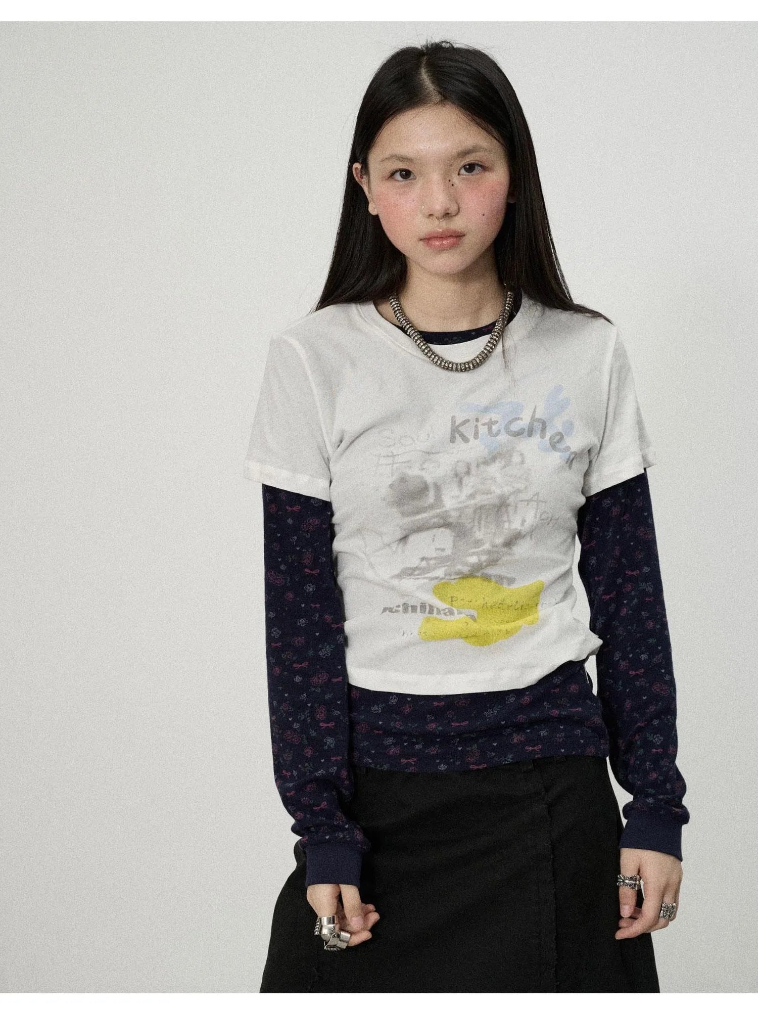 Two Piece Knit Set With Floral Print V-neck T-shirt Long Sleeve