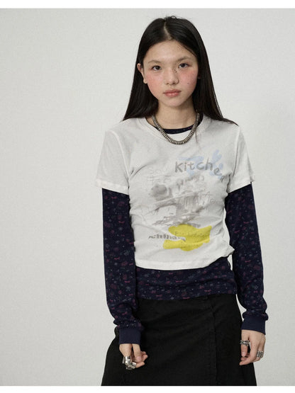 Two Piece Knit Set With Floral Print V-neck T-shirt Long Sleeve