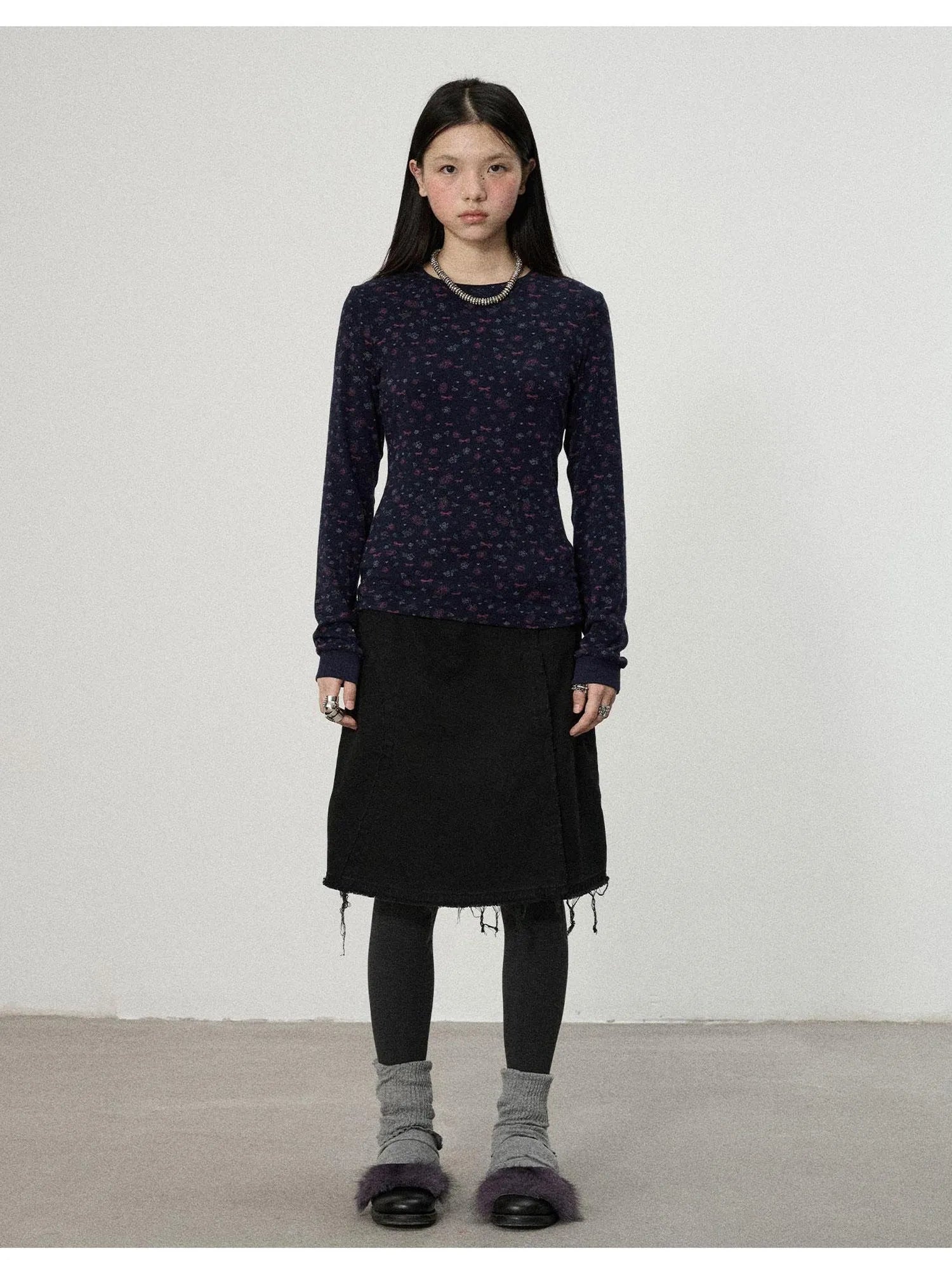 Two Piece Knit Set With Floral Print V-neck T-shirt Long Sleeve