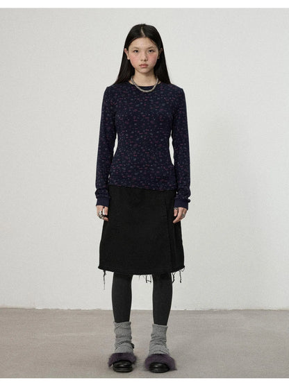 Two Piece Knit Set With Floral Print V-neck T-shirt Long Sleeve