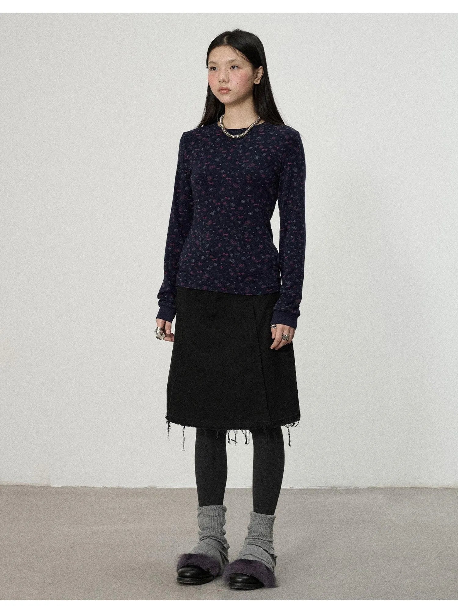 Two Piece Knit Set With Floral Print V-neck T-shirt Long Sleeve