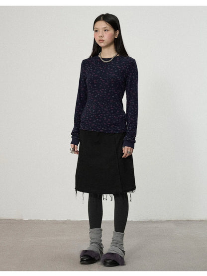 Two Piece Knit Set With Floral Print V-neck T-shirt Long Sleeve