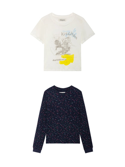 Two Piece Knit Set With Floral Print V-neck T-shirt Long Sleeve