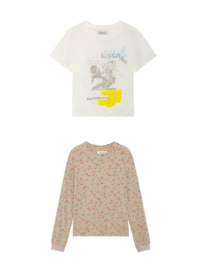 Two Piece Knit Set With Floral Print V-neck T-shirt Long Sleeve
