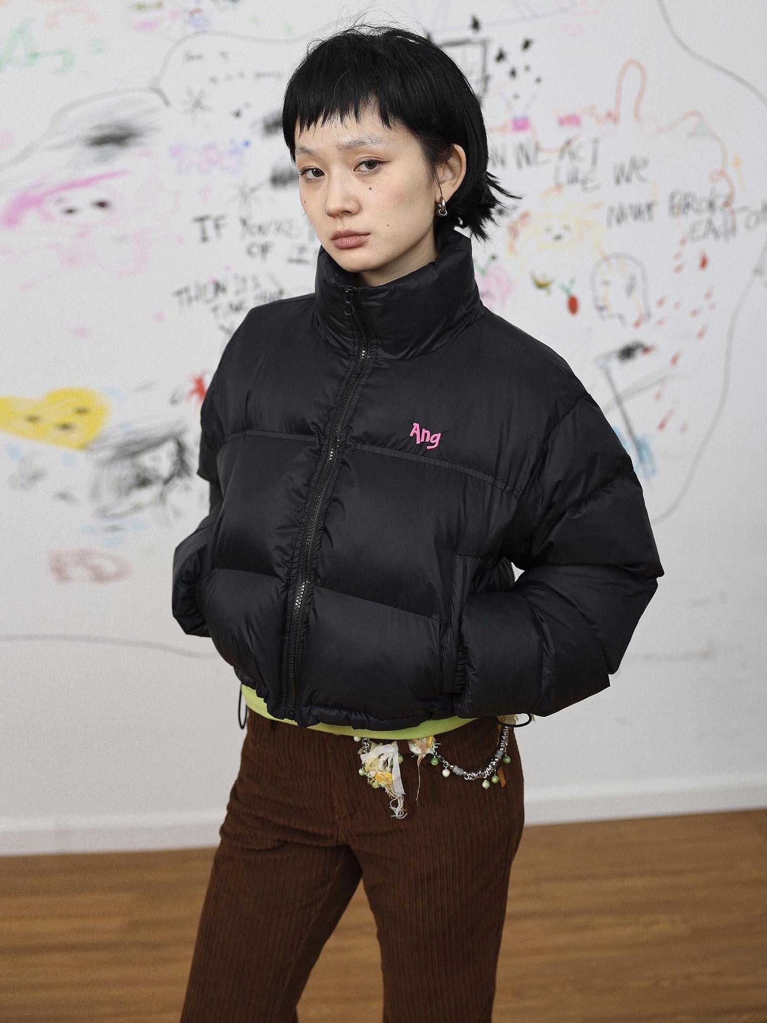 Achihara Ultra Warm Slim Fit Cropped Stand Collar Commuter Carbon Black Puffer Jacket