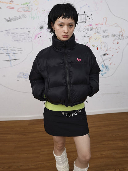 Achihara Ultra Warm Slim Fit Cropped Stand Collar Commuter Carbon Black Puffer Jacket