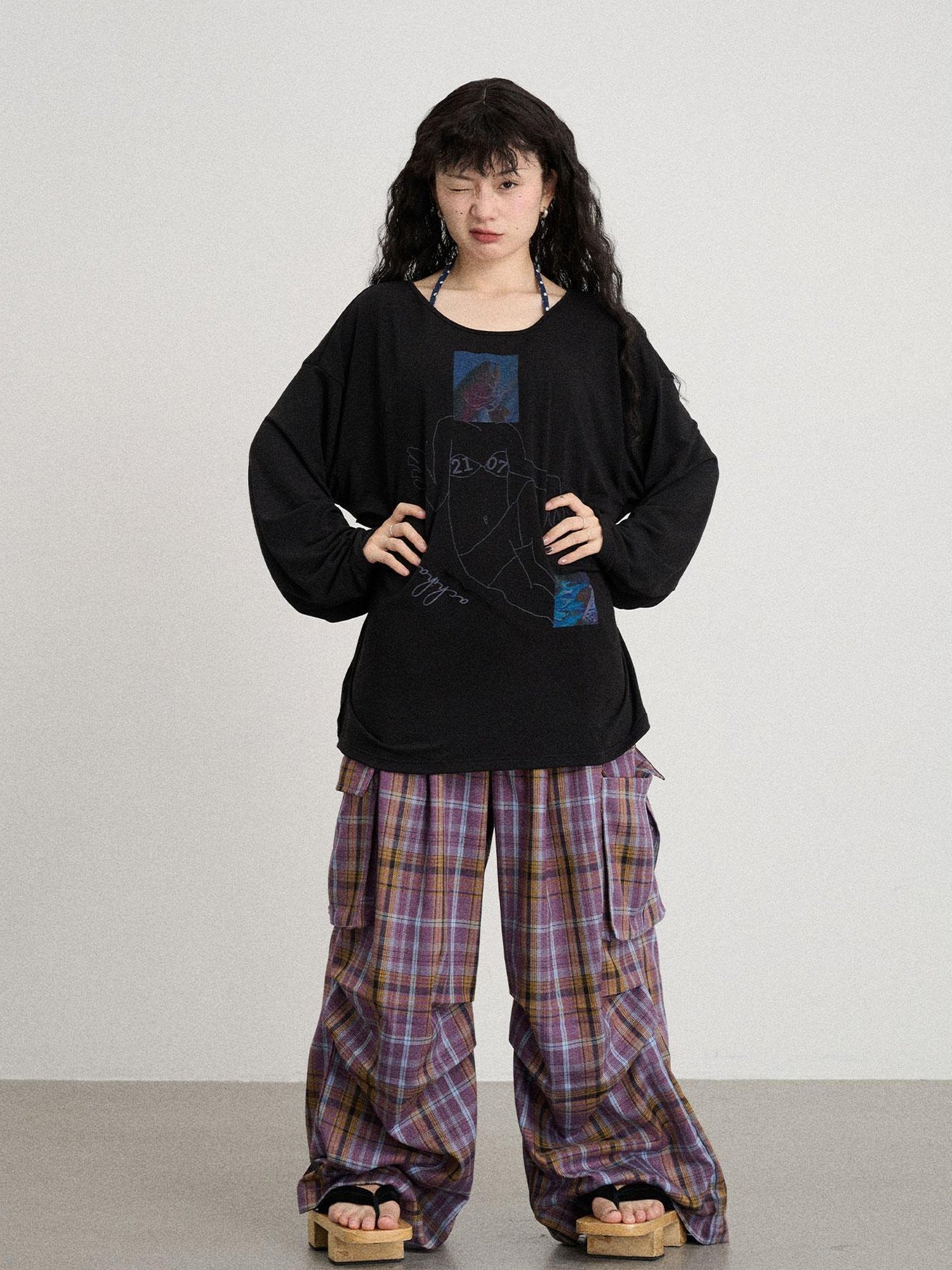 Achihara Unstoried Plaid Wide Leg Trousers