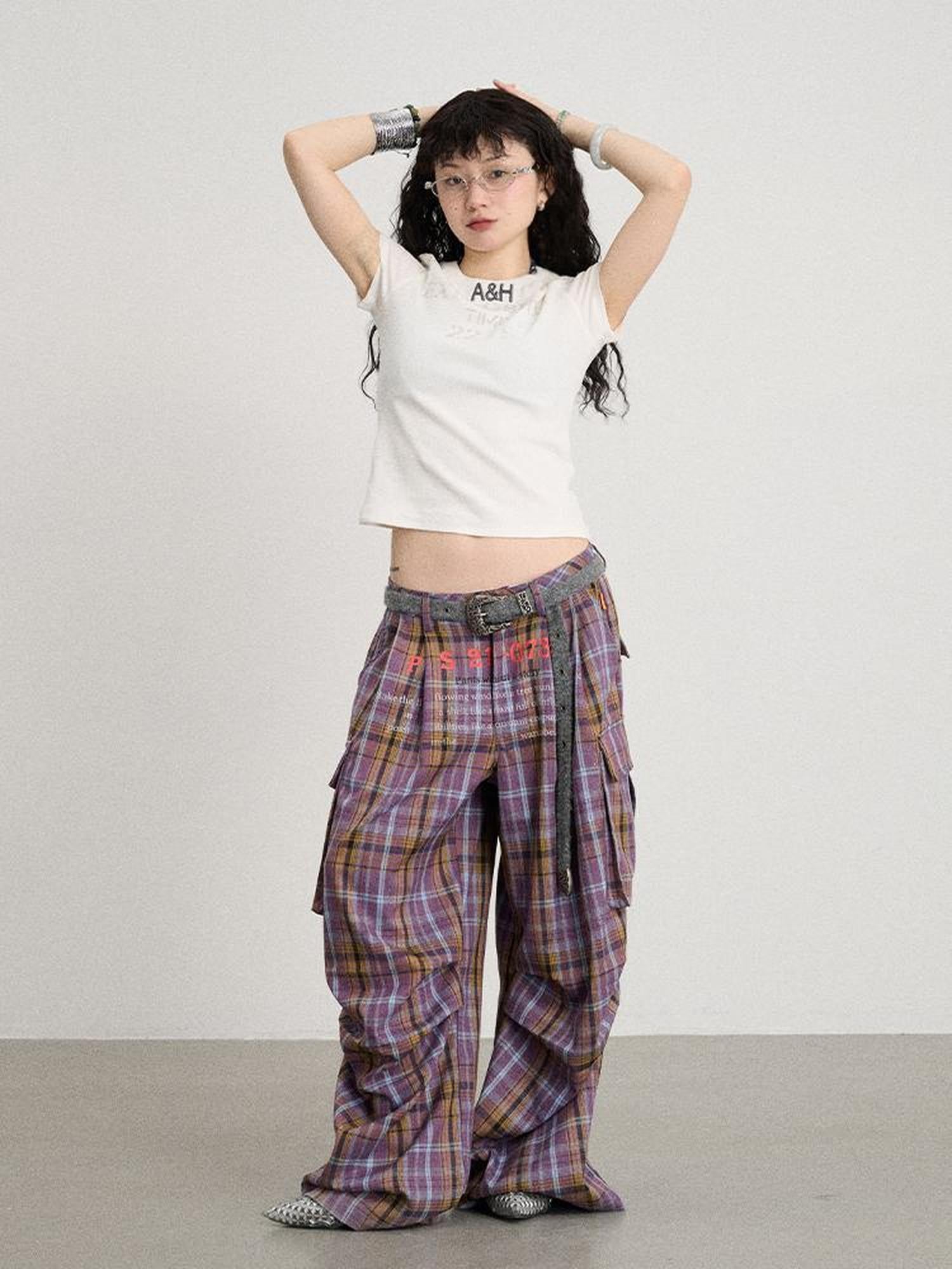 Achihara Unstoried Plaid Wide Leg Trousers