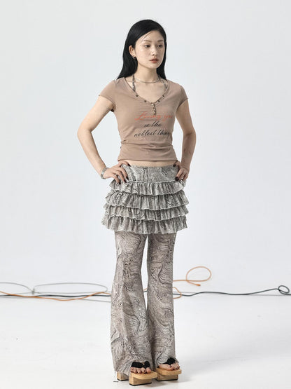Achihara V-Neck Adjustable Lazy Tee With Noble Print