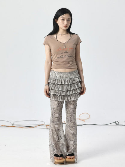 Achihara V-Neck Adjustable Lazy Tee With Noble Print