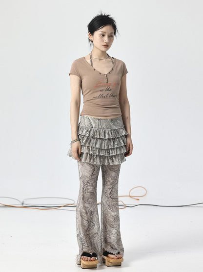 Achihara V-Neck Adjustable Lazy Tee With Noble Print