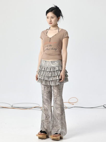 Achihara V-Neck Adjustable Lazy Tee With Noble Print