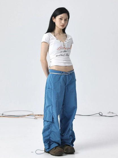 V-Neck Adjustable Lazy Tee With Noble Print