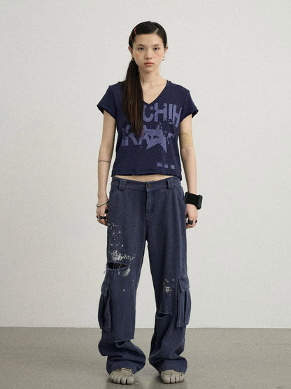 V-Neck Frayed Hem Cotton Tee With Melted Fruit Print