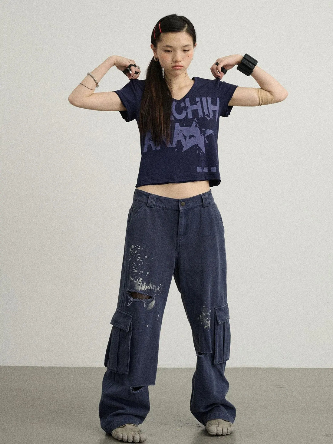 V-Neck Frayed Hem Cotton Tee With Melted Fruit Print