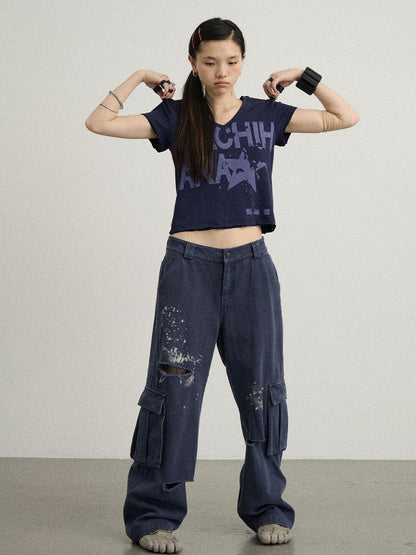 Achihara V-Neck Frayed Hem Cotton Tee With Melted Fruit Print