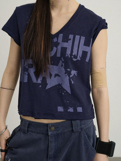 Achihara V-Neck Frayed Hem Cotton Tee With Melted Fruit Print