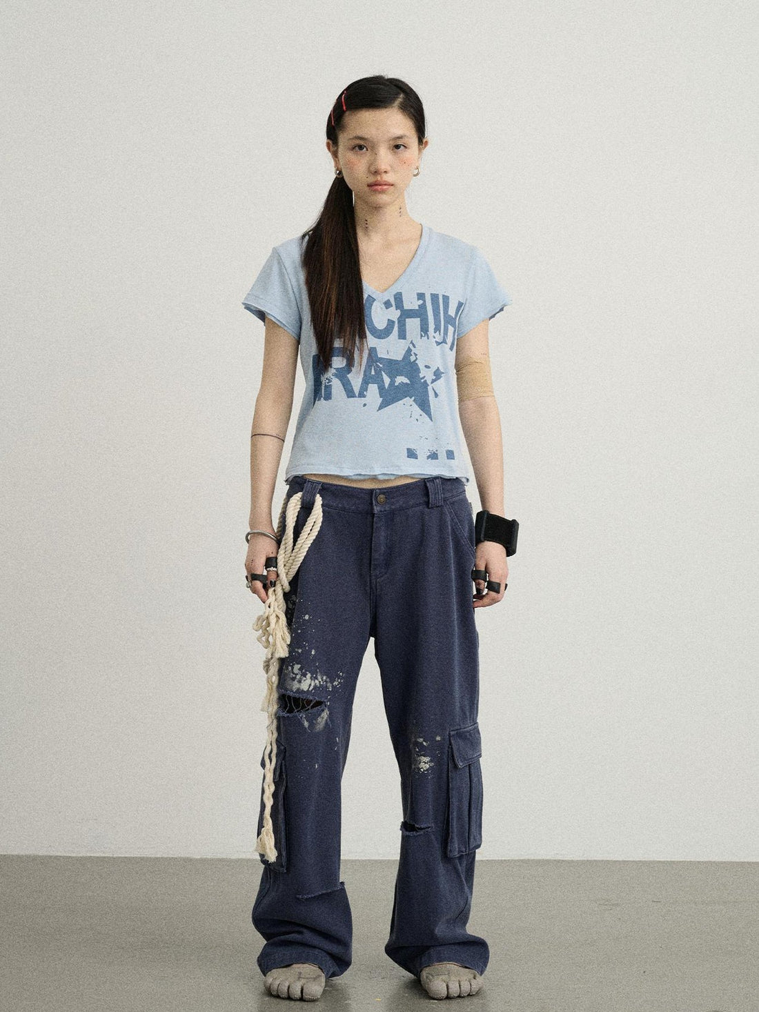 Achihara V-Neck Frayed Hem Cotton Tee With Melted Fruit Print
