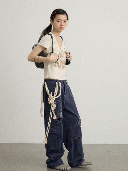 Achihara V-Neck Frayed Hem Cotton Tee With Melted Fruit Print