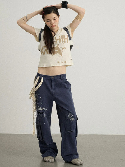V-Neck Frayed Hem Cotton Tee With Melted Fruit Print