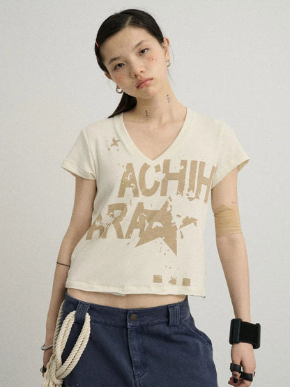 V-Neck Frayed Hem Cotton Tee With Melted Fruit Print