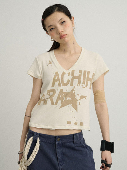 Achihara V-Neck Frayed Hem Cotton Tee With Melted Fruit Print