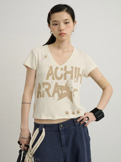 V-Neck Frayed Hem Cotton Tee With Melted Fruit Print