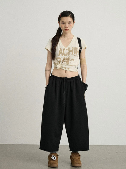 V-Neck Frayed Hem Cotton Tee With Melted Fruit Print