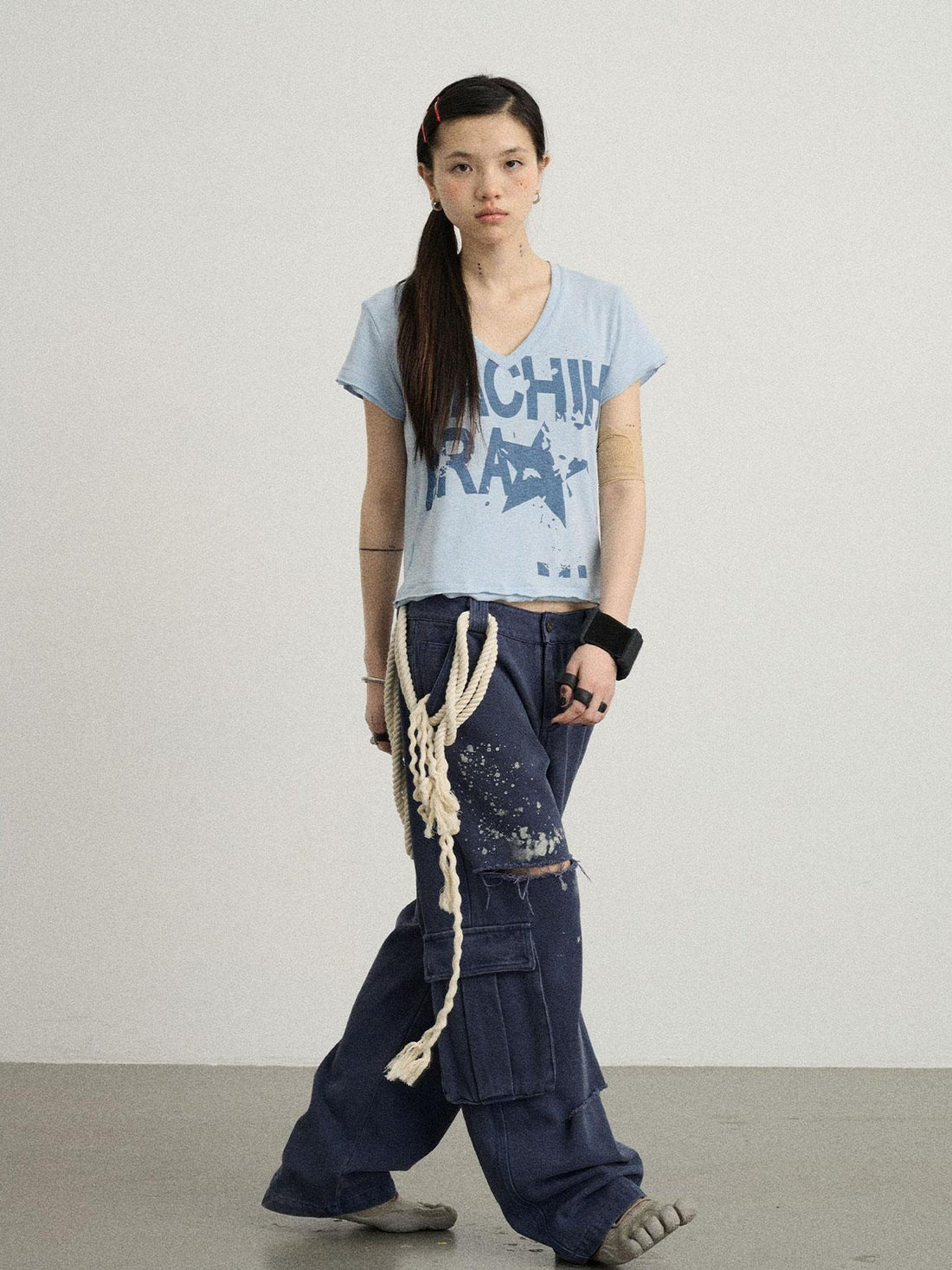 Achihara V-Neck Frayed Hem Cotton Tee With Melted Fruit Print
