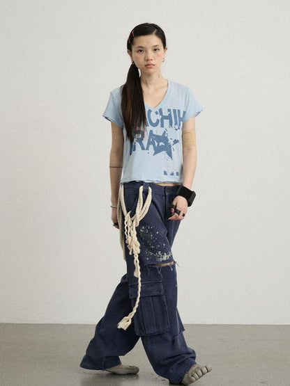 Achihara V-Neck Frayed Hem Cotton Tee With Melted Fruit Print