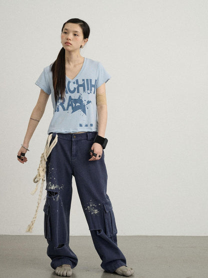 Achihara V-Neck Frayed Hem Cotton Tee With Melted Fruit Print