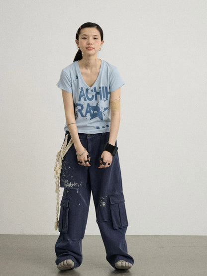 V-Neck Frayed Hem Cotton Tee With Melted Fruit Print