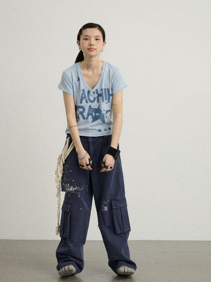 Achihara V-Neck Frayed Hem Cotton Tee With Melted Fruit Print
