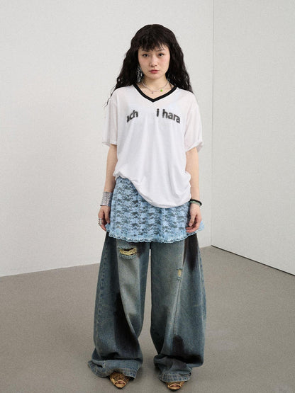 Achihara V-Neck Relaxed Tee With Melting Ice Design