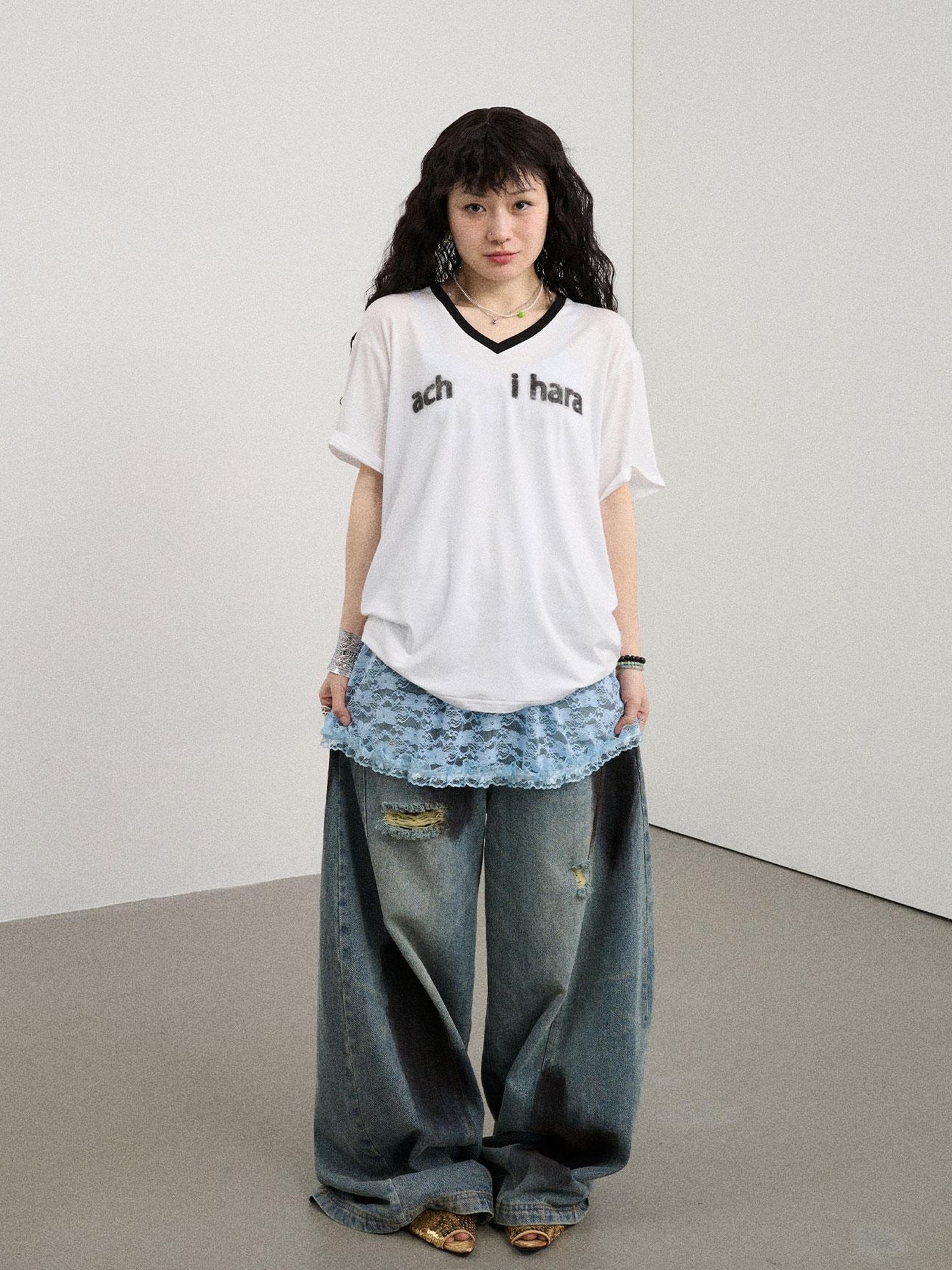 Achihara V-Neck Relaxed Tee With Melting Ice Design