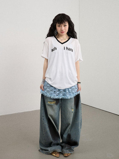 Achihara V-Neck Relaxed Tee With Melting Ice Design
