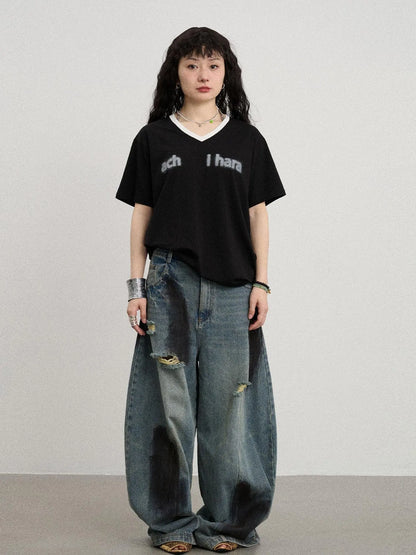 V-Neck Relaxed Tee With Melting Ice Design
