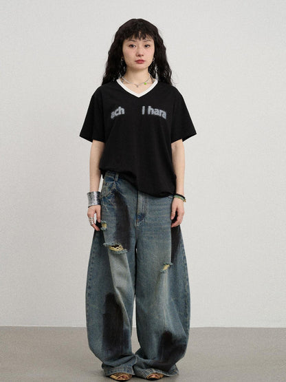 Achihara V-Neck Relaxed Tee With Melting Ice Design