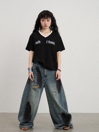 Achihara V-Neck Relaxed Tee With Melting Ice Design