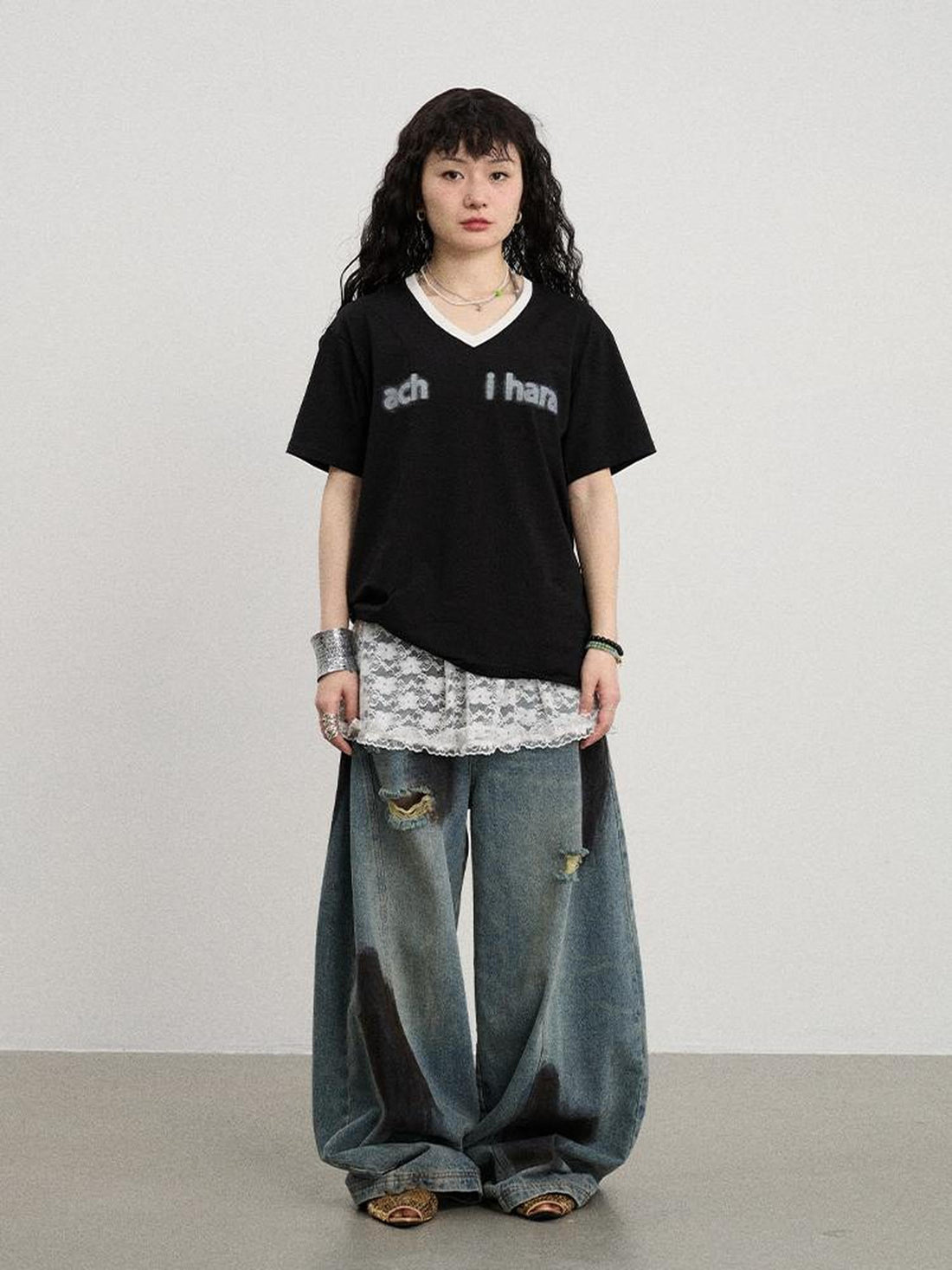Achihara V-Neck Relaxed Tee With Melting Ice Design